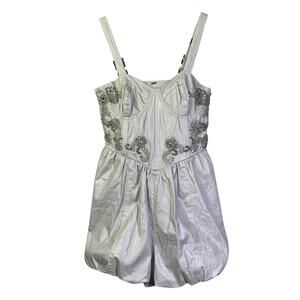 FREE‎ PEOPLE Romper Janelle Bubble Style Size 4 Metallic Silver Hidden Side Zip
